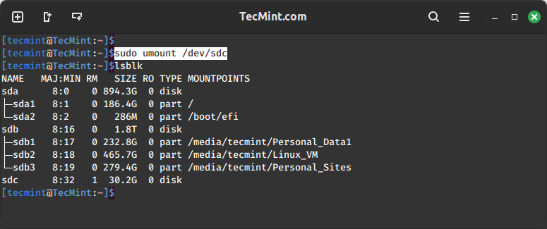 在 Linux 中卸载 USB 驱动器