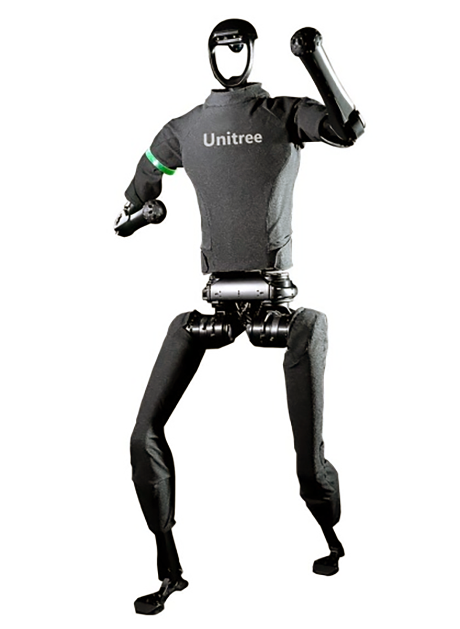 Unitree Robotics 的人形机器人 H1。 机器人主体为黑色，站立时单脚向前迈出