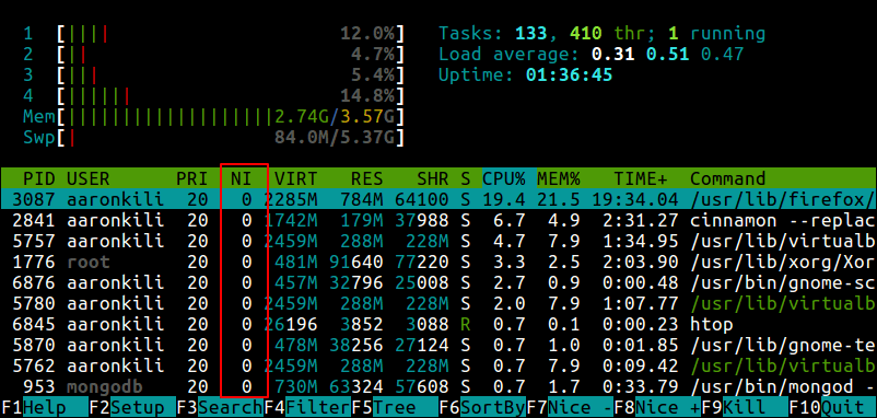 使用 Htop 命令检查 Linux 进程的 Nice 值