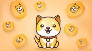 沙橙色背景上的 Baby Doge Coin（BABYDOGE）吉祥物图形