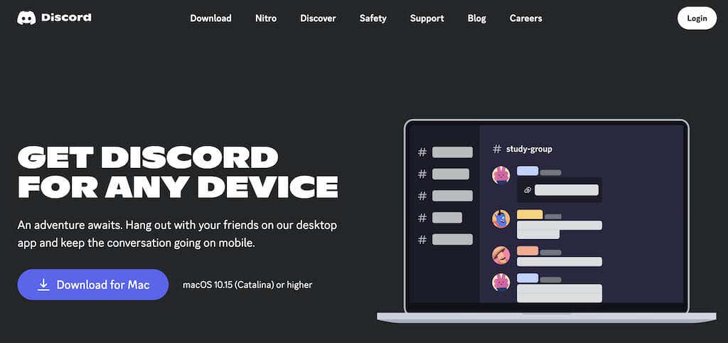 Discord 网站的屏幕截图，下载适用于 Mac 的应用程序