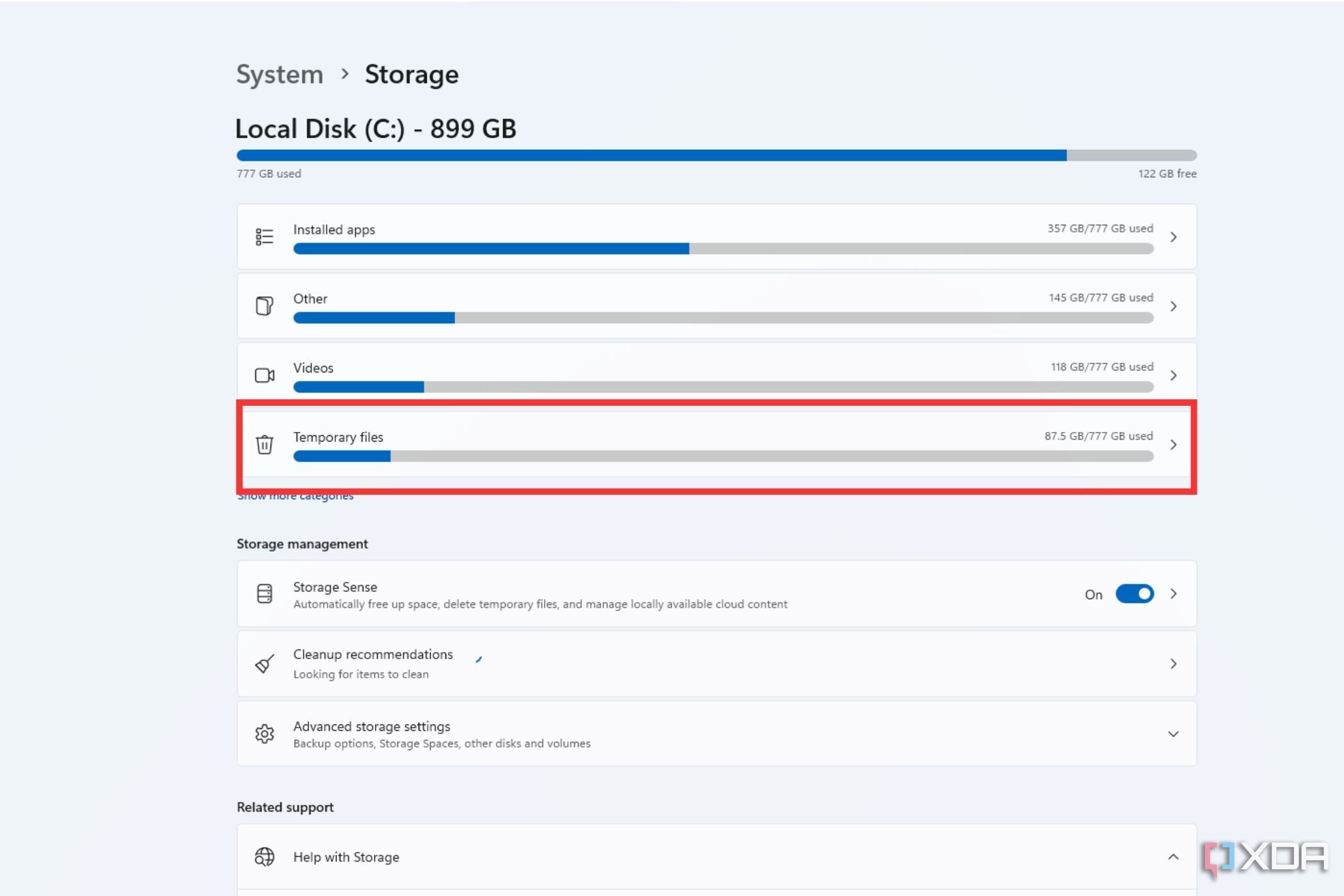 屏幕截图显示了 Windows 设置页面上突出显示的临时文件选项。