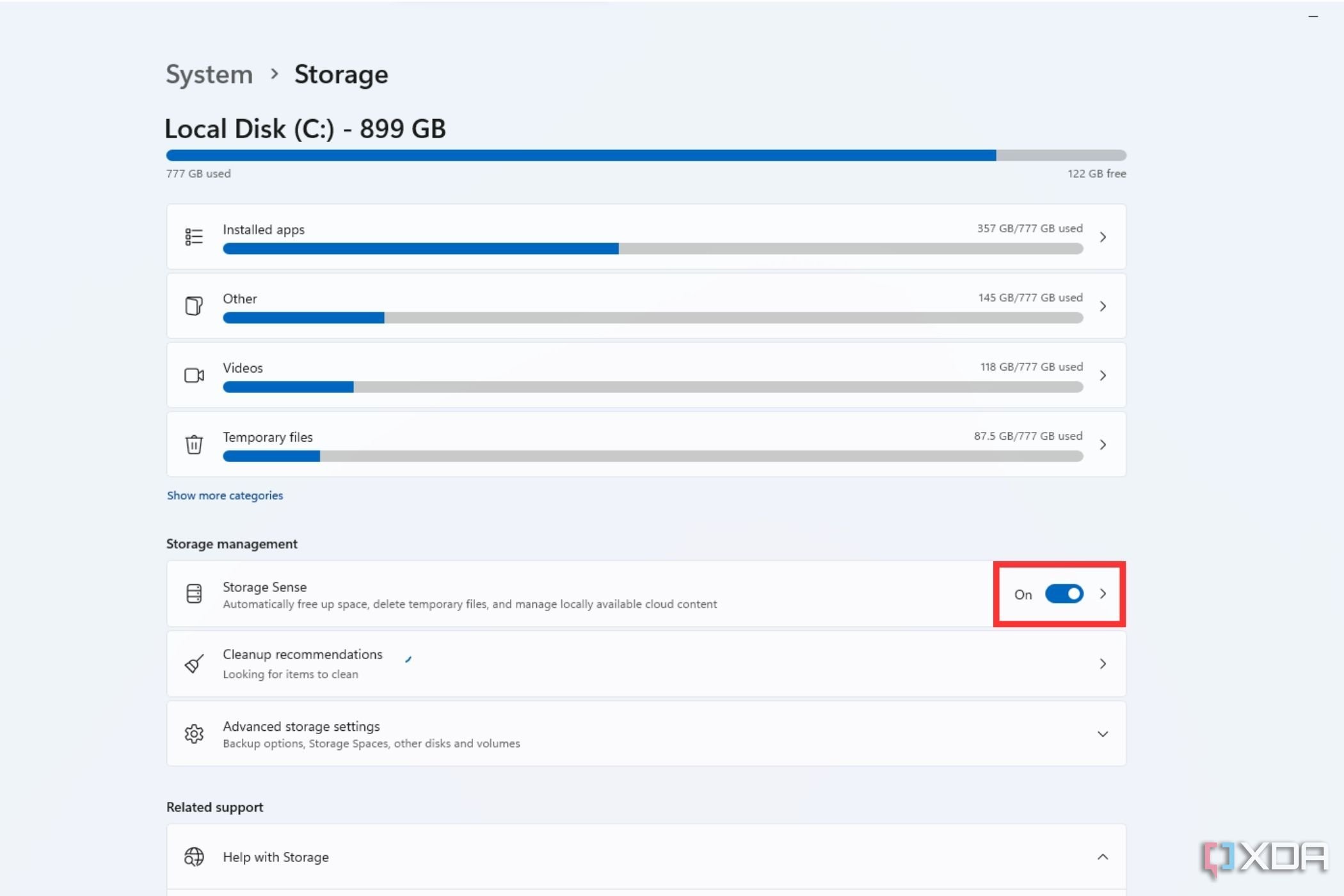 屏幕截图显示了在 Windows 中启用或禁用存储感知功能的突出显示的切换按钮。