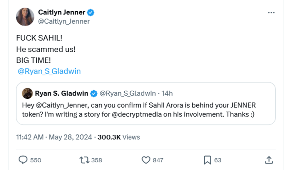 凯特琳·詹纳 (Caitlyn Jenner) 被模因币顾问萨希尔·阿罗拉 (Sahil Arora) 诈骗