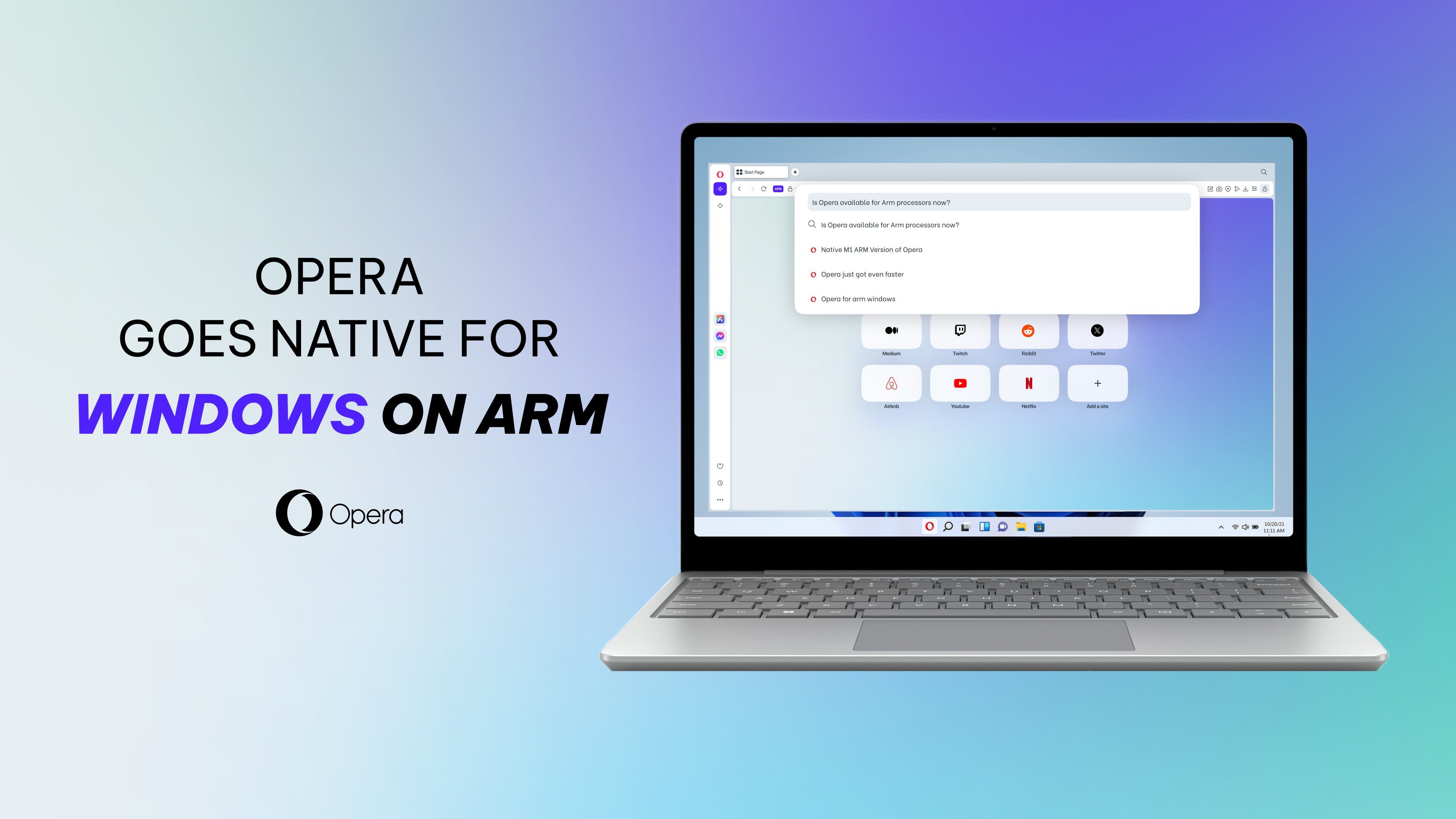 在 Arm 笔记本电脑上的 Windows 上运行的 Opera 浏览器